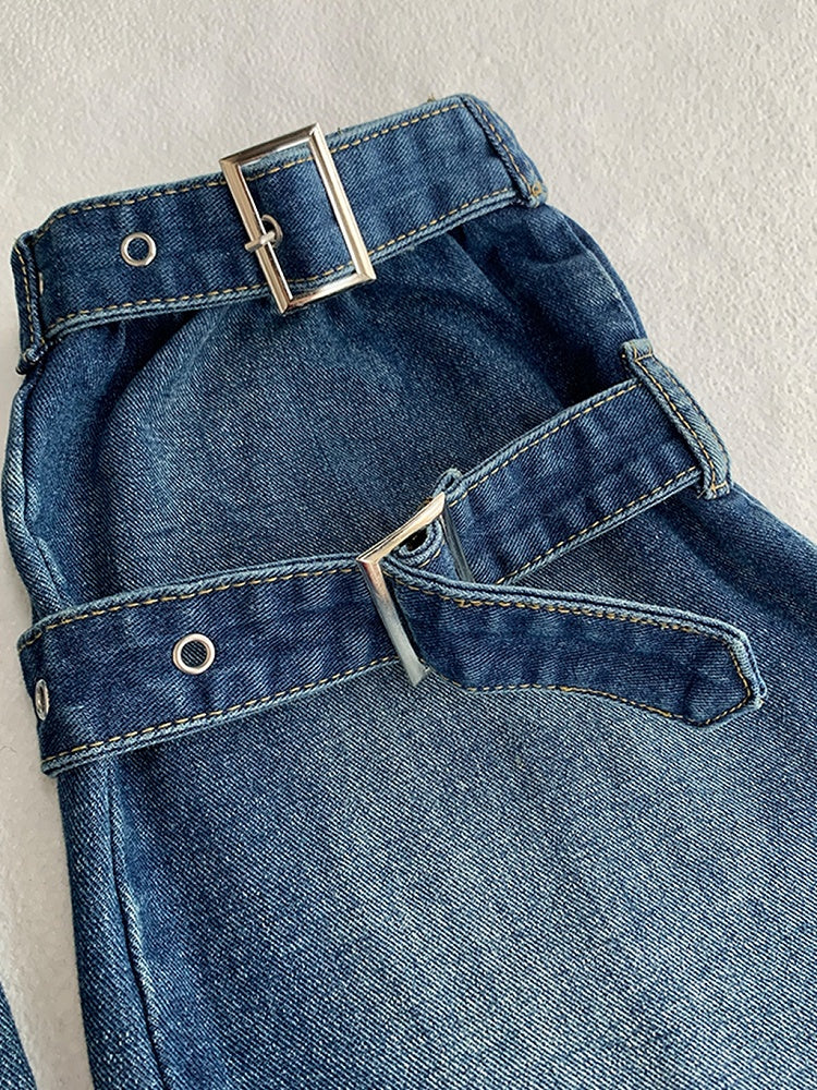 Blue Buckle Straps Flared Denim Leg Warmers