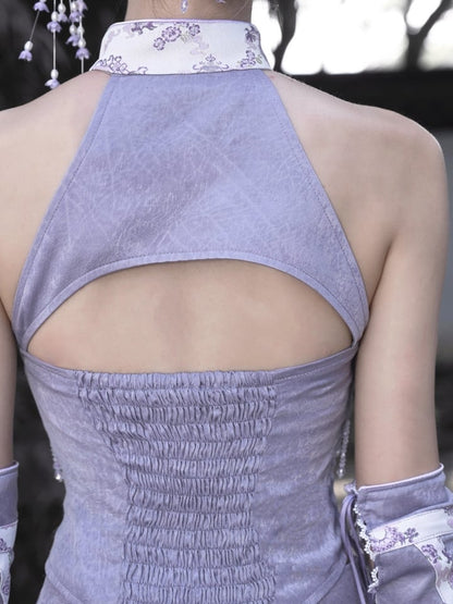 Purple Cheongsam Banded Collar Halter Neck Top Chinoiserie Dragon Print