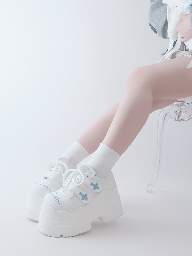 Yami Kawaii Matte White Cross Velcro Strap Kitty Ears Design Platform Shoes