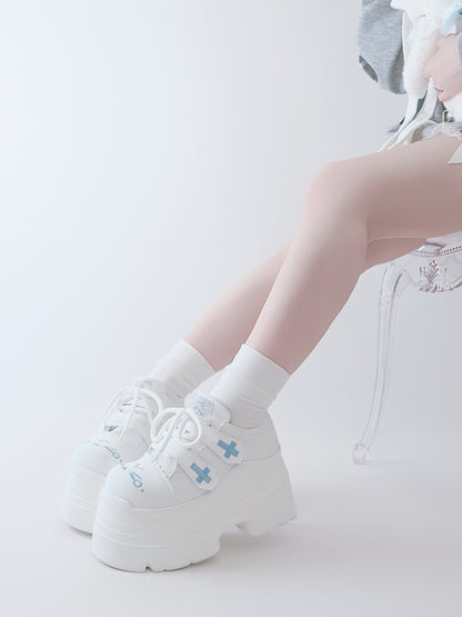 Yami Kawaii Matte White Cross Velcro Strap Kitty Ears Design Platform Shoes