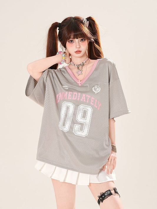 Gray/Dark Blue Number Print Hollow-out T-shirt V-neck Loose Top