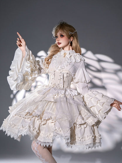 White Layered Bell Sleeves Shiro Gothic Lolita Shirt with Jabot Tie