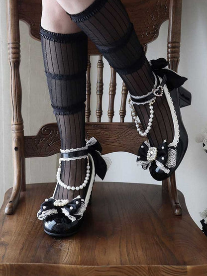 Black Beaded And Rhinestone Decorated Bow at Top Lace Trim Mary Janes With Detachable Beaded Chain