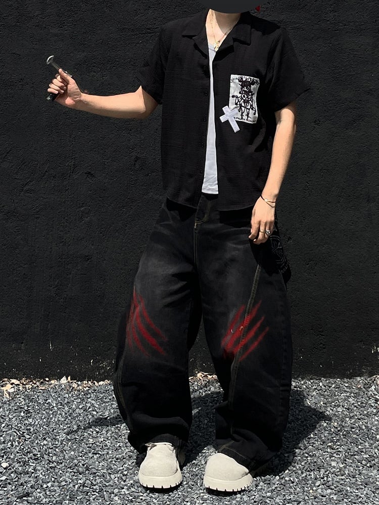 Punk Applique Black/White Notched Collar Short Sleeves Shirt