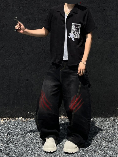 Punk Applique Black/White Notched Collar Short Sleeves Shirt