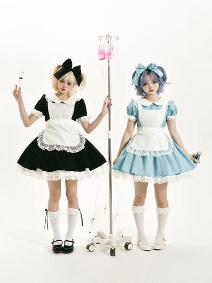 Plus Size Friendly Blue Short Version Maid One Piece + Apron Alice in Wonderland Vibes