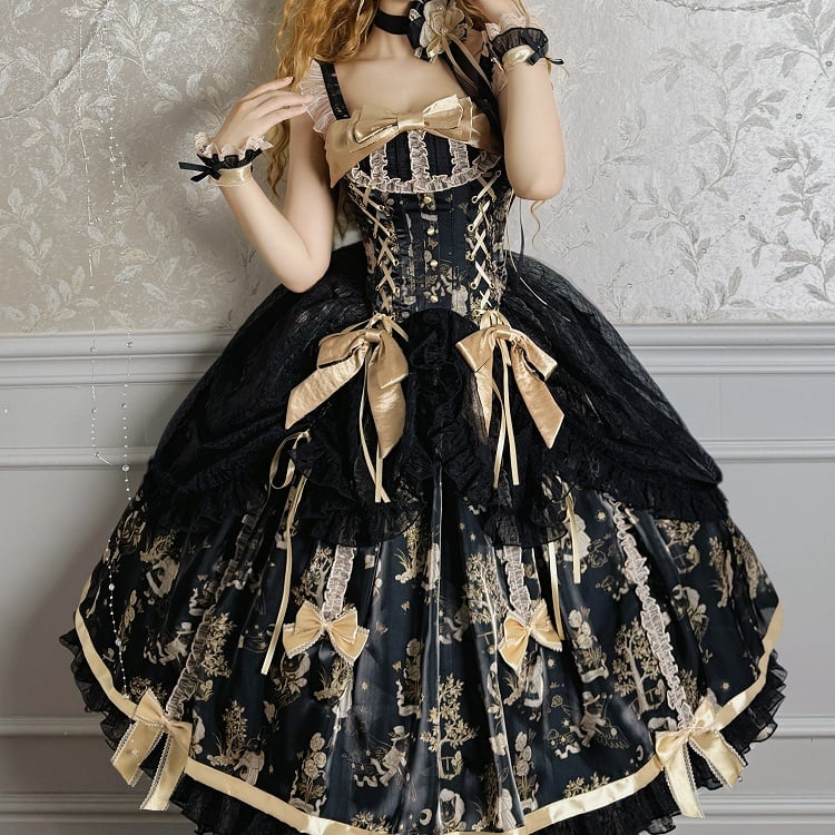 Black and Gold Corset Waist Drawstring Overlay Skirt Lolita Jumper Skirt