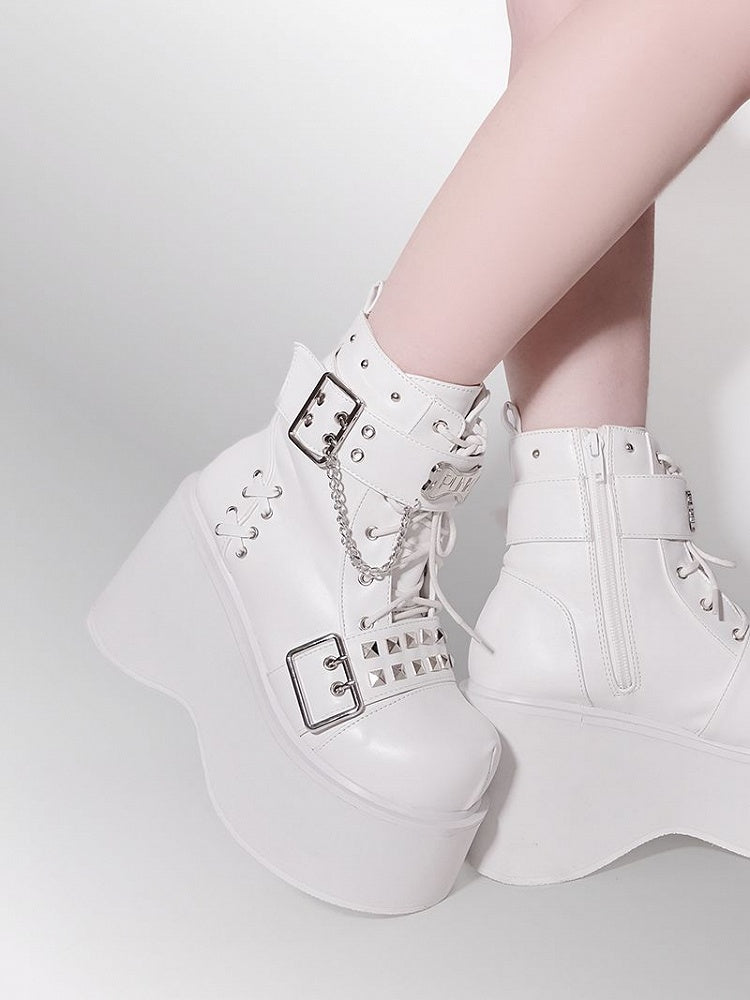 Punk Matte White Platform Ankle Boots Silver-tone Studs