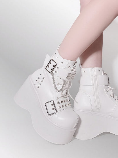 Punk Matte White Platform Ankle Boots Silver-tone Studs