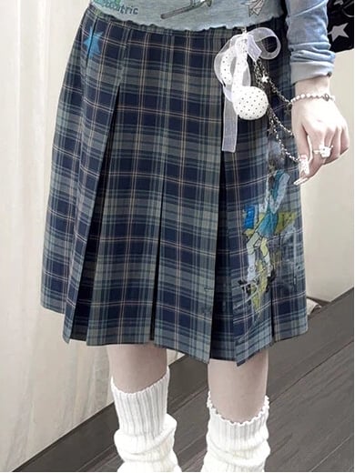 Blue Box Pleat Vintage Printed Plaid Skirt
