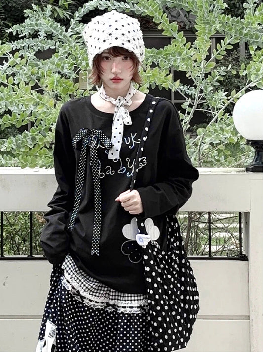 Black Top with Embroidered Clover Applique and Detachable Ribbon Bow with Rhinestone