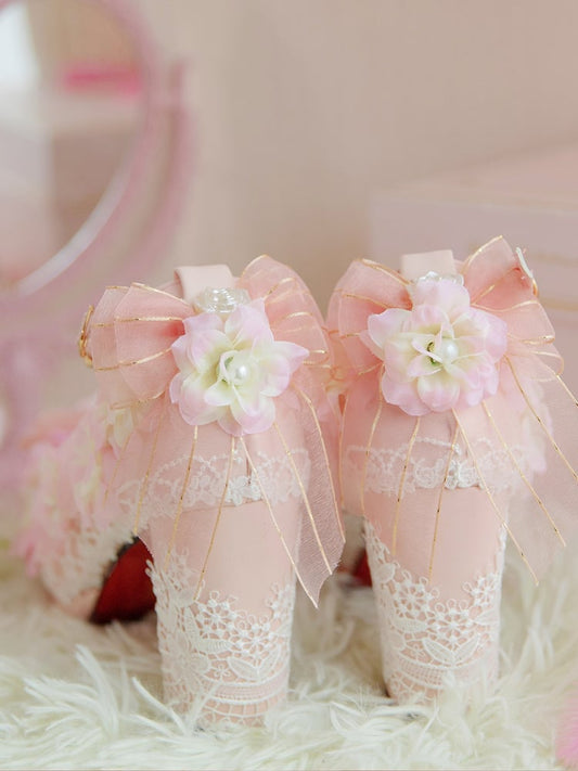 Pink Sakura Hime Lolita Shoes Bow Accents Beaded Detail Princess High Heels