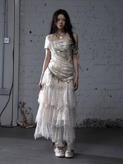 Black/White/Apricot Elastic Waist Sequin Details Tiered Mesh Skirt