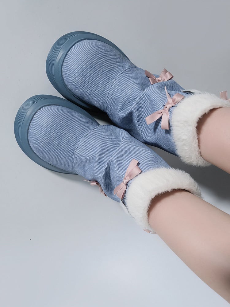 Bow Accents Denim Blue Sweet Winter Boots