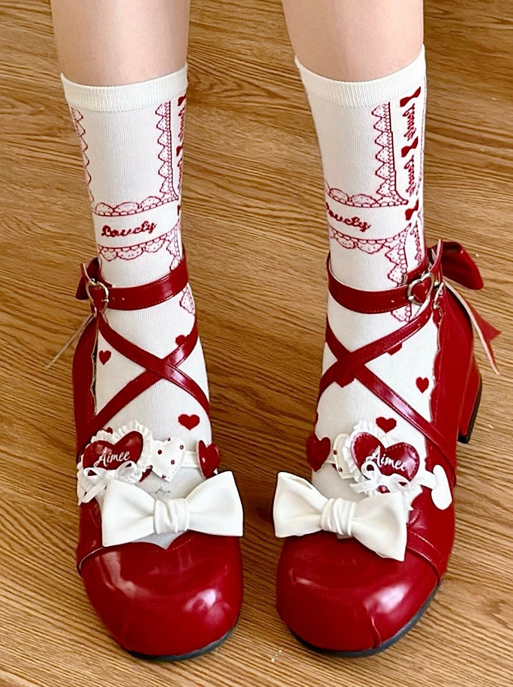Red Heart Print Lace and Bowknot Pattern Lolita White Calf Socks