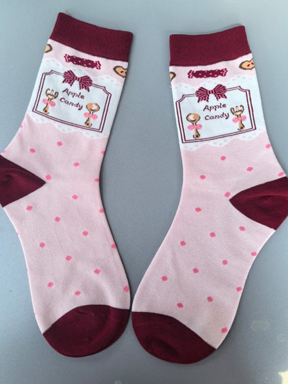 Pink Lolita Polka-dot Pattern Bowknot Details Lace Ruffled Cuffs Calf Socks With Pearls