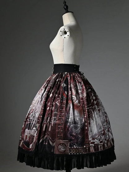 Red Corset Belt Waist Chess Theme Print Lolita Skirt