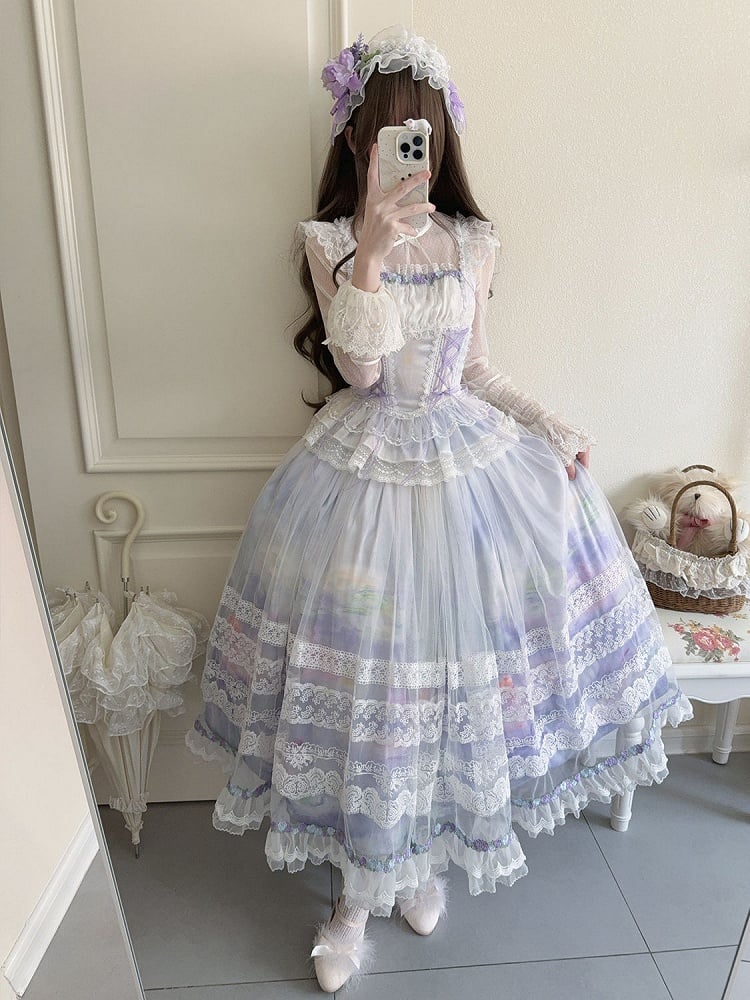 Light Purple Classic Lolita Boned Basque Waist Top + Oil Painting Print Overlay Skirt