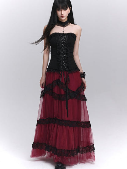 Contrast Black Lace Trim Wine Red Floor Length Mesh Skirt