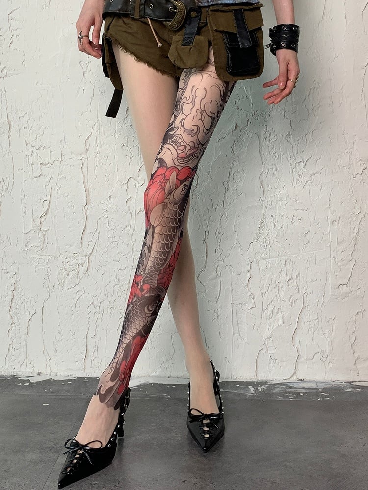 Nude Gyaru Fashion Asymmetrical Design Fish Tattoo Print Tights