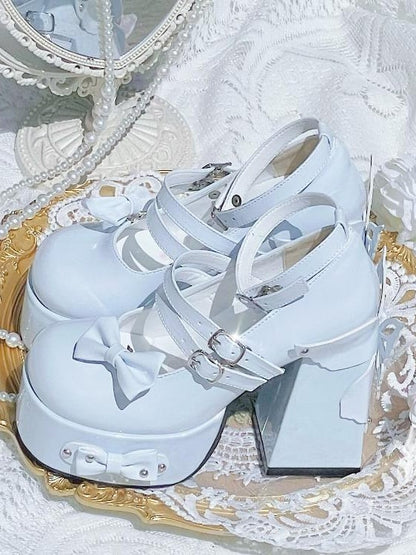 Light Blue Bowknot Stud Butterfly Design Platform High Block Heels Lolita Shoes