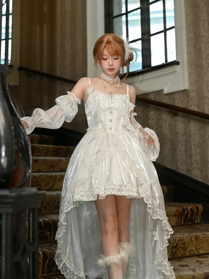 White Satin Shiro Lolita Dress with Detachable Balloon Sleeves and Train