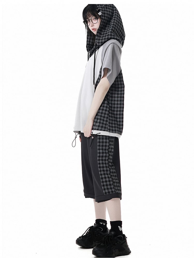 Clearance-Size M for Waist 66CM Black Plaid Zip Cuffs Techwear Two Ways Wear Pants/Shorts with Snap Belt