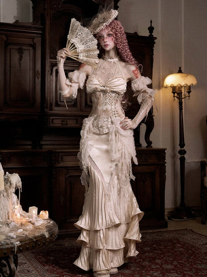 Rococo Illusion Lace Halter Neck Corset Top with Detachable Cascading Ruffle Accents