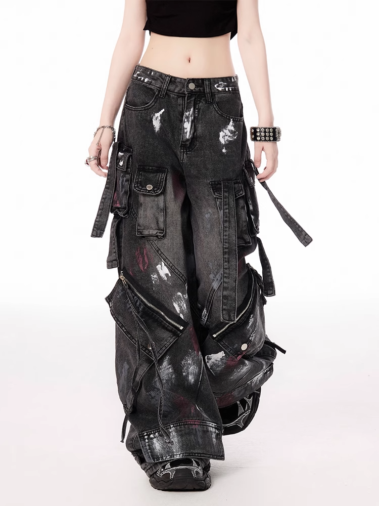 Spray Paint Print Zipper Details Black Low Waist Wide-leg Cargo Jeans