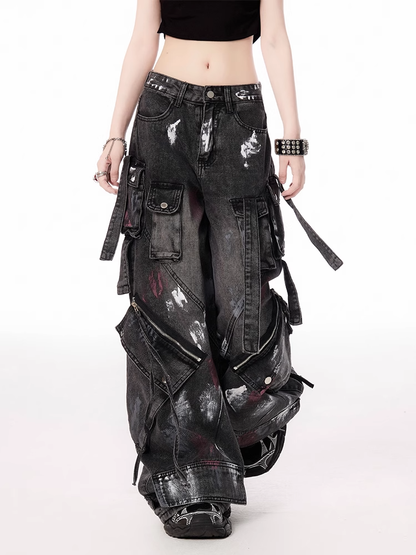 Spray Paint Print Zipper Details Black Low Waist Wide-leg Cargo Jeans