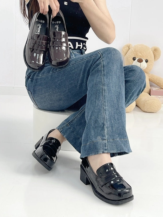 PU Black Academic Mid-Heel Shoes - Slip-On Design for School Style