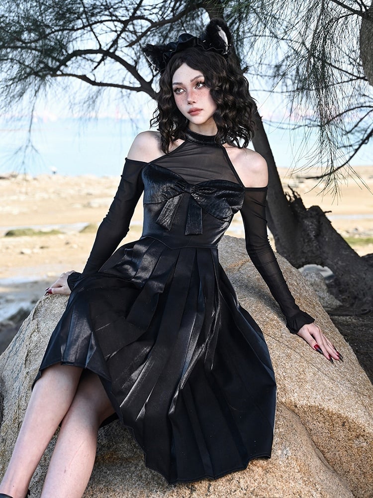 Cutout Shoulder Black Hepburn Elegant Halter Neck Dress