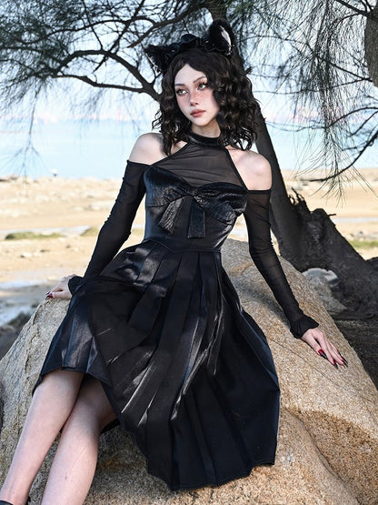 Cutout Shoulder Black Hepburn Elegant Halter Neck Dress