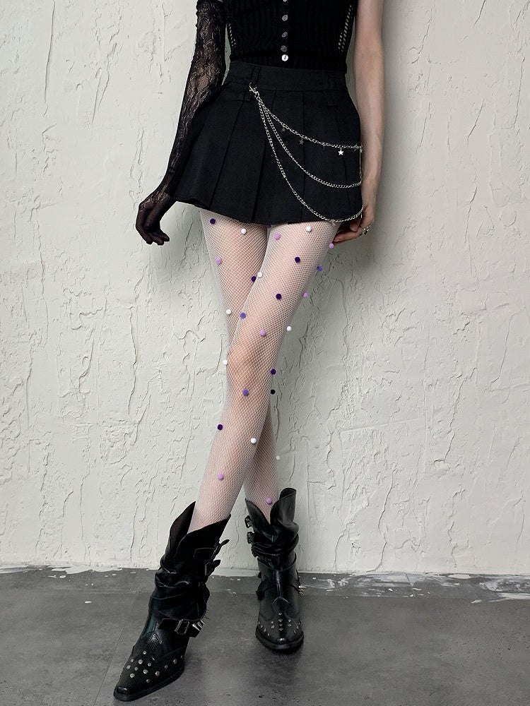 White Y2K Hollow-out Design Fishnet Tights With Pink Purple White Pompons