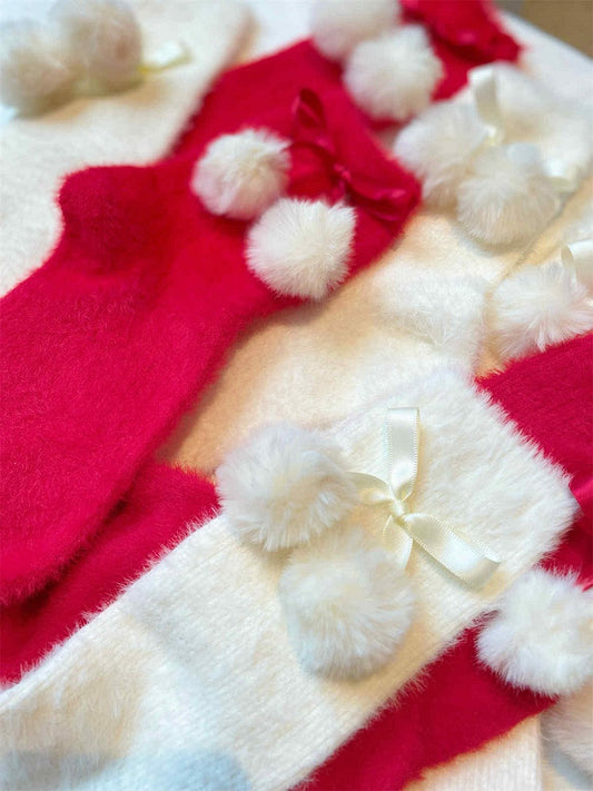 6 Options Red/White Bow Pompons Ankle/Calf Socks