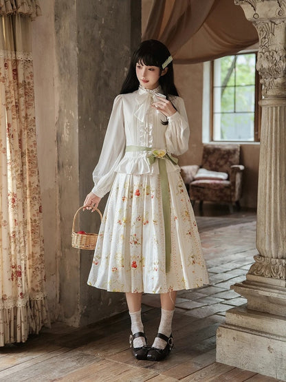 White Elegant Classic Lolita Skirt with Hawthorn and Bird Print and Green Belt