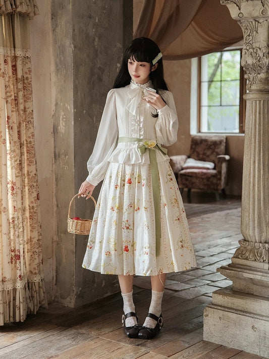 White Elegant Classic Lolita Skirt with Hawthorn and Bird Print and Green Belt