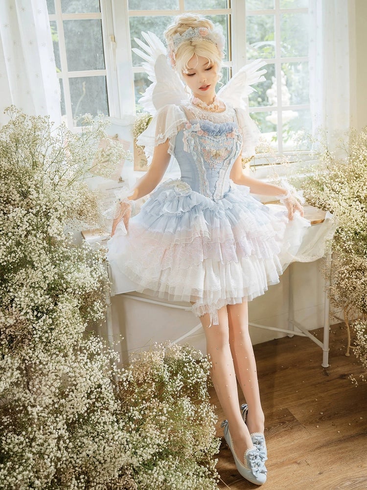 Blue Princess Lolita Floral Embroidery Corset Dress Lolita JSK Full Set
