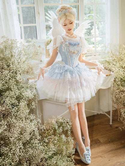 Blue Princess Lolita Floral Embroidery Corset Dress Lolita JSK Full Set