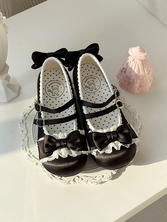 Satin-Finish PU Black Sweet Lolita Mary Janes - Ruffled Lace with Bow & Double Buckles