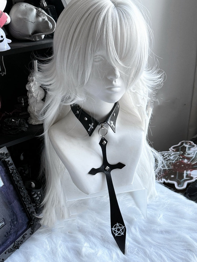 Punk Black/Red Pentacle Cross Charm Studded Necktie