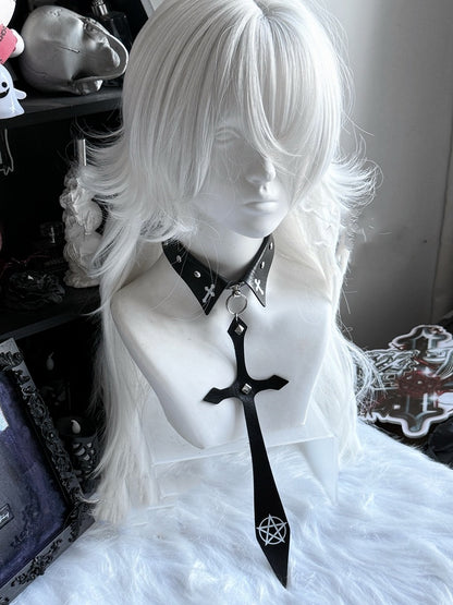 Punk Black/Red Pentacle Cross Charm Studded Necktie