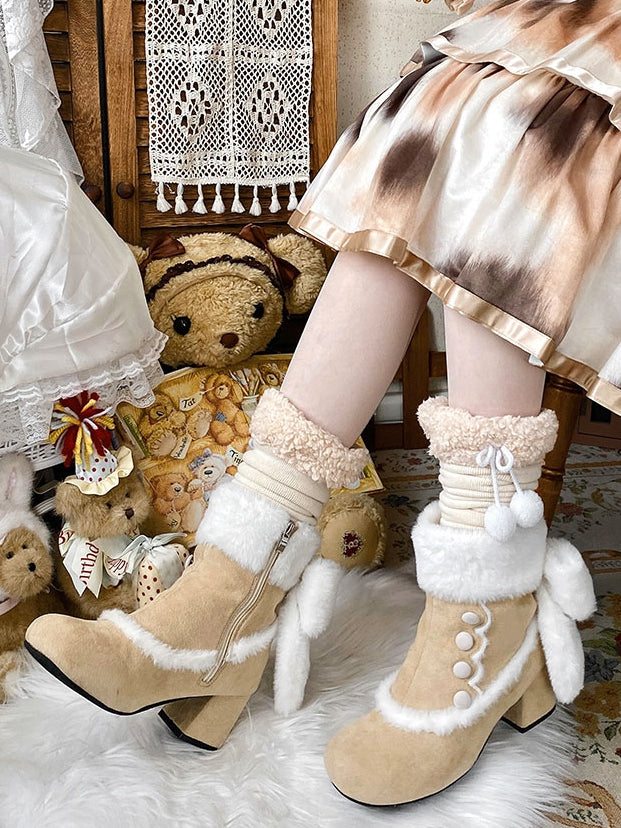 Button Details, Plush Bow & Fur Cuff Mid-heel Beige Boots in Sweet Lolita