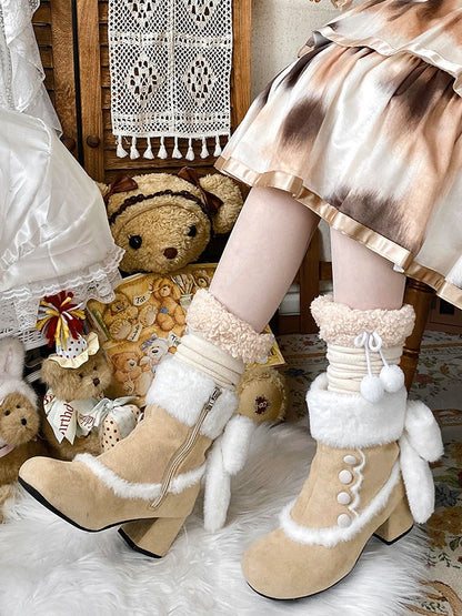 Button Details, Plush Bow & Fur Cuff Mid-heel Beige Boots in Sweet Lolita