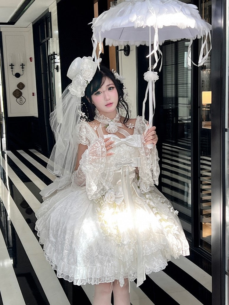 White Tiered Lace Square Neckline Shiro Dress with Bow Accents