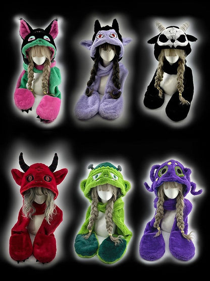 Clearance-Black and White Grim Reaper Scarf Gloves and Hat All-in-one with Horns