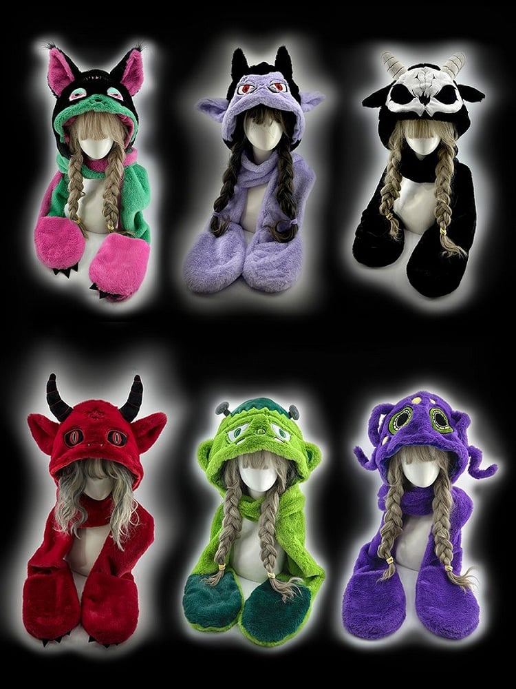 Clearance-Black and White Grim Reaper Scarf Gloves and Hat All-in-one with Horns