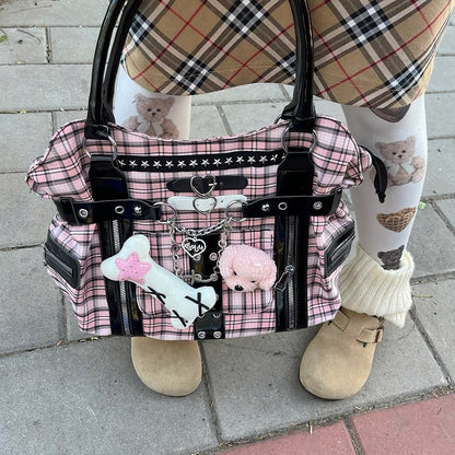 Black & Pink Plaid Y2K Shoulder Bag with Puppy and Bone Plushie
