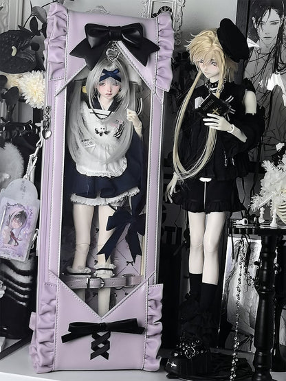 Purple&Black Bowknot Details Diamond Pattern 1/4 Scale BJD Doll Bag with Two Straps
