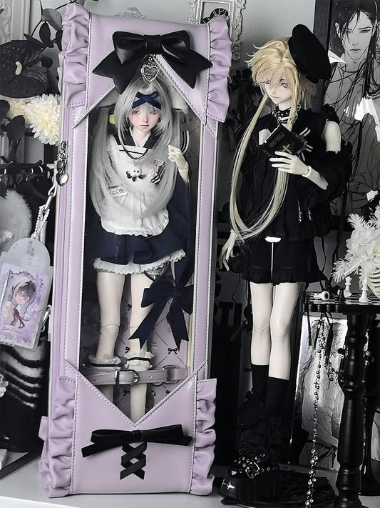 Purple&Black Bowknot Details Diamond Pattern 1/4 Scale BJD Doll Bag with Two Straps